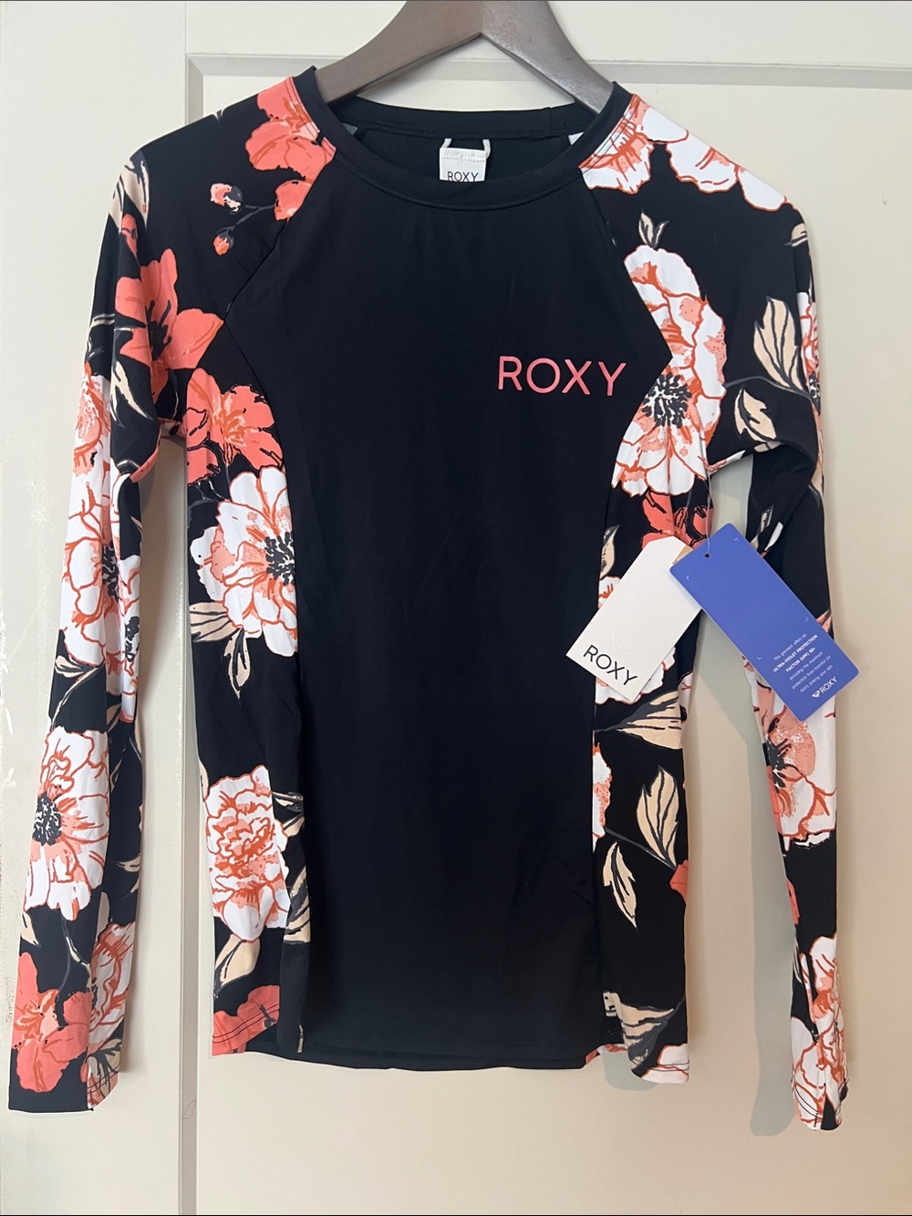 Roxy Black Floral Long-Sleeve Rashguard with Coral Accents